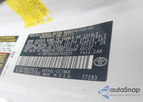 2011 Toyota Camry Base z USA, uszkodzony, nr VIN 4T1BF3EK0BU762531